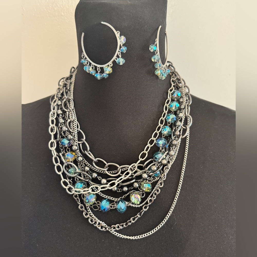 Silver Gunmetal Blue Necklace and earrings set